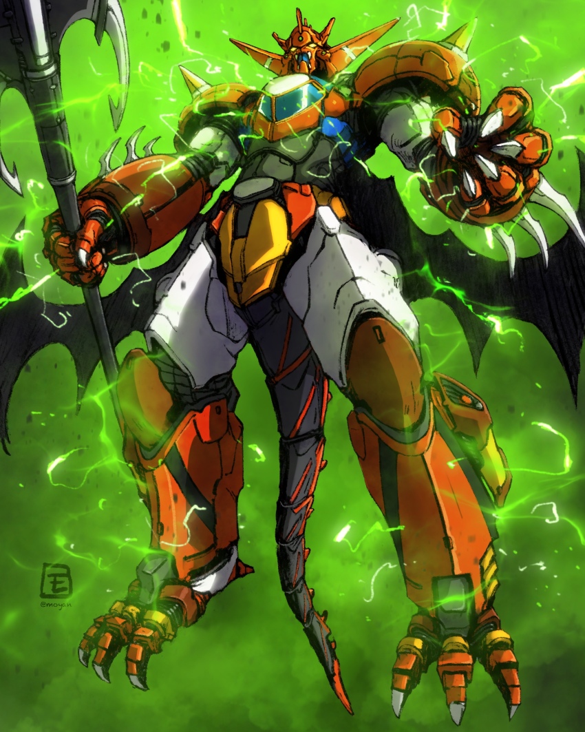 absurdres black_wings claws full_body getter_dragon getter_robo highres holding holding_weapon mecha mecha_focus moyan no_humans robot sketch solo standing super_robot twitter_username weapon wings yellow_eyes