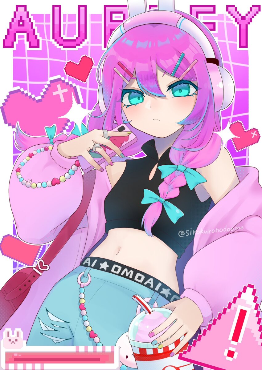 1girl animal_ear_headphones animal_ears aubrey_(birthday)_(omori) aubrey_(faraway)_(omori) aubrey_(omori) blue_bow blue_eyes blue_nails bow bracelet cellphone character_name charm_(object) closed_mouth crop_top cup denim drinking_straw fake_animal_ears forest_bunny?_(omori) hair_bow hair_ornament hairclip headphones heart highres holding holding_cup jacket jeans jewelry long_sleeves looking_at_viewer low_twintails multicolored_nails navel omori pants phone pink_hair pink_jacket pink_nails rabbit_ear_headphones sirokuronodoame smartphone solo torn_clothes torn_jeans torn_pants twintails