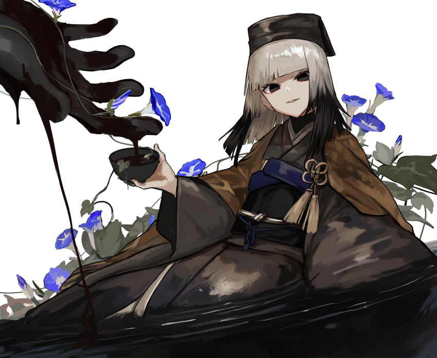 1girl black_eyes black_hair black_hat black_kimono blunt_bangs breasts chef_no_kimagure_salad fate/grand_order fate_(series) flower ghost_hands giant_hand gradient_hair grey_hair hat highres japanese_clothes kimono long_sleeves looking_at_viewer medium_hair multicolored_hair obi sash sen_no_rikyu_(fate) sen_no_rikyu_(second_ascension)_(fate) small_breasts smile solo tassel wide_sleeves