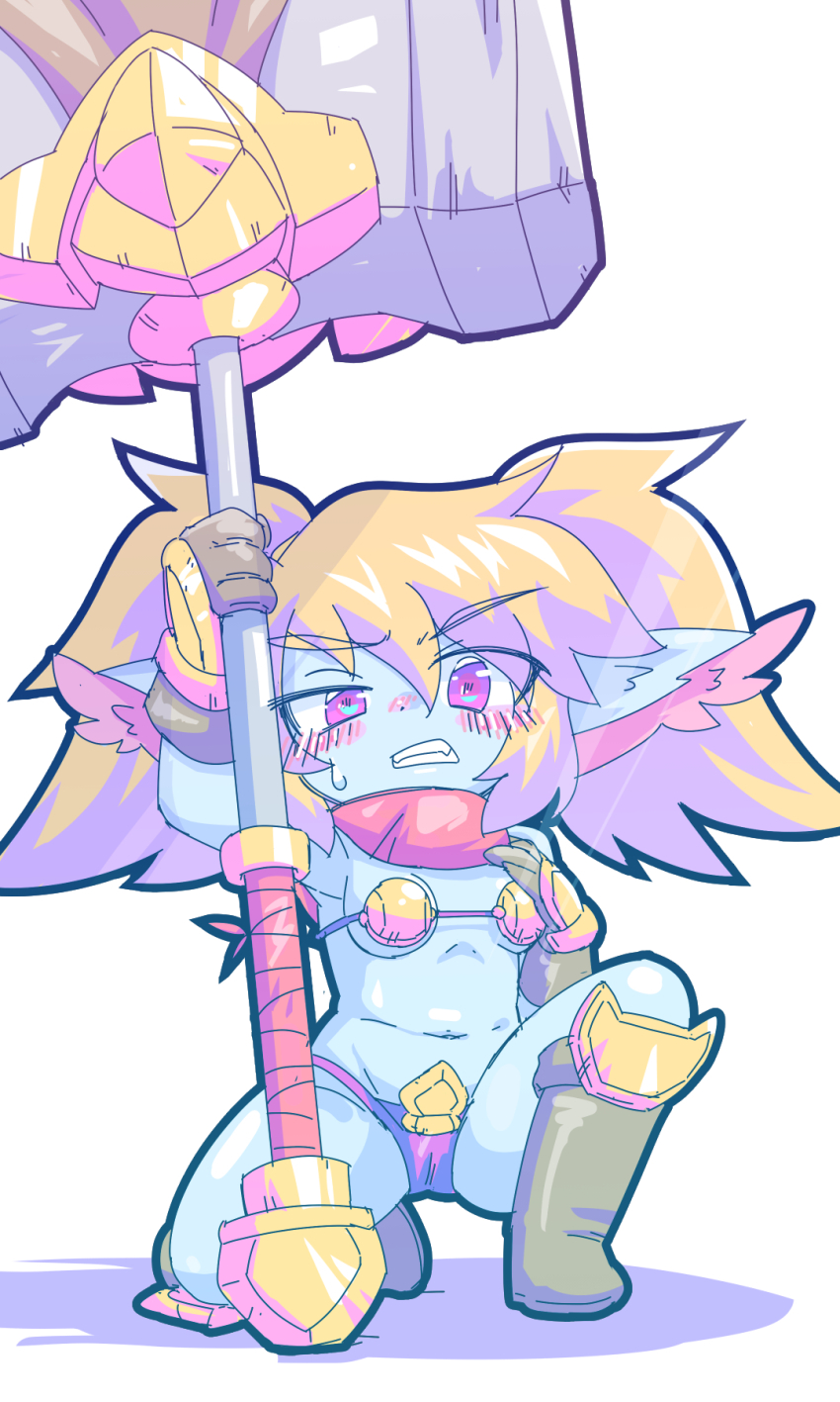 1girl annoyed arm_up armor bikini bikini_armor blonde_hair blue_skin blush boots breasts brown_gloves clenched_teeth colored_skin dot_nose embarrassed eyebrows female_focus gloves grey_boots hammer hand_on_own_chest highres holding holding_hammer kayo!!_(gotoran) knee_up kneeling league_of_legends long_hair multicolored_bikini nervous nervous_sweating nose_blush pointy_ears poppy_(league_of_legends) purple_background purple_eyes red_scarf revealing_clothes scarf shortstack simple_background small_breasts solo sweat swimsuit teeth tsundere two-tone_bikini war_hammer weapon white_background yellow_background yordle