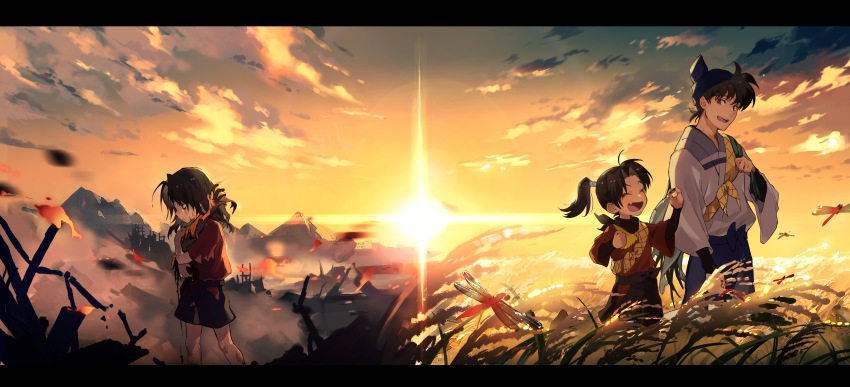2boys ^_^ absurdres animal black_hair black_pants black_scarf black_shorts blue_headwear blue_pants bruise bug burnt child closed_eyes commentary comparison corpse crying depressed doi_hansuke dragonfly fang fish floating_hair hand_up hands_up happy hat highres hip_vent holding_another&#039;s_arm injury insect japanese_clothes kimono letterboxed long_hair medium_hair motion_blur multiple_boys outdoors pants ponytail profile rakudai_ninja_rantarou remon_(10112) rice_paddy ruins sack sad scarf settsuno_kirimaru severed_limb short_hair shorts sky smile sun torn_clothes twilight