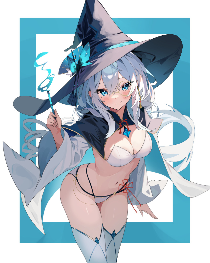 1girl absurdres blue_cape blue_eyes blue_ribbon blush bra breasts cape cleavage closed_mouth coco_irasuto commission cowboy_shot detached_sleeves earrings floating_hair hair_between_eyes hat hat_ribbon highres holding jewelry large_breasts leaning_forward long_hair long_sleeves looking_at_viewer navel original panties purple_hat red_ribbon ribbon skeb_commission smile smoke solo standing strapless strapless_bra thighhighs underwear very_long_hair white_bra white_hair white_panties white_sleeves white_thighhighs wide_sleeves witch_hat