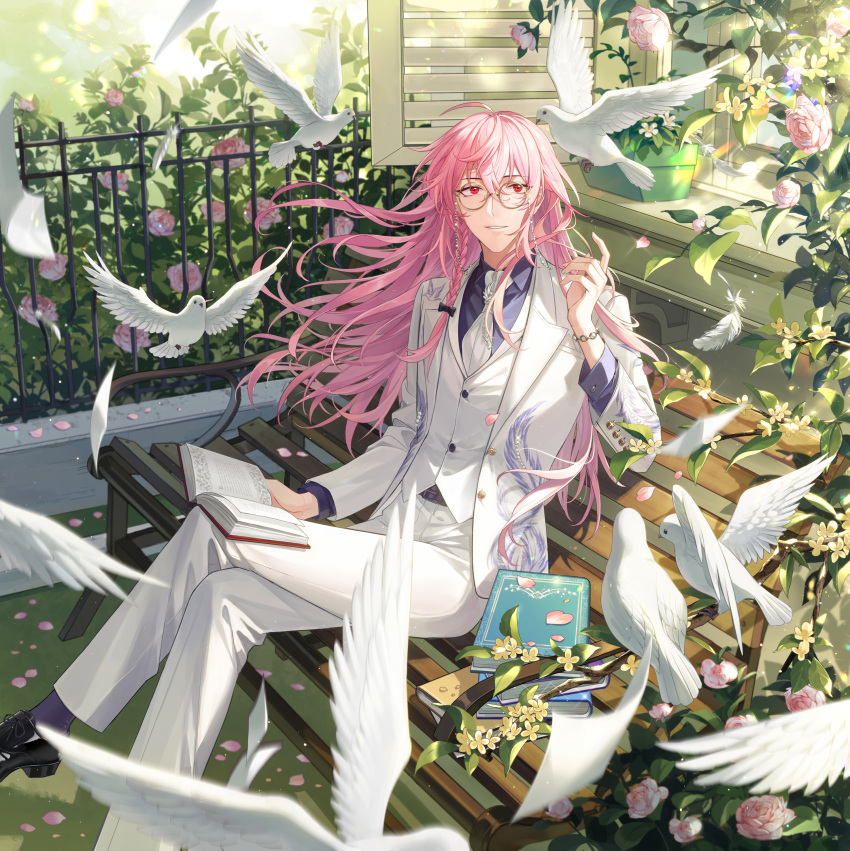 1boy absurdres ahoge bench bird black_bow black_shirt black_shoes book book_stack bow bracelet braid branch bush buttons chenfeng chinese_commentary collared_shirt commentary_request crossed_bangs crossed_legs dove dream_mansion dress_shirt eyewear_strap feathers fence floating_hair flower formal_clothes glasses hair_between_eyes hair_bow hand_up highres jacket jewelry kongzao lapels long_hair long_sleeves looking_at_viewer male_focus open_book open_clothes open_jacket outdoors pants parted_lips petals pink_eyes pink_flower pink_hair pink_rose rose round_eyewear shirt shoes side_braid sidelocks single_braid sitting smile solo vest white_jacket white_pants white_vest window windowsill wing_collar