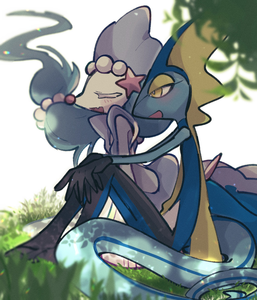 1boy 1girl :d bad_tag black_skin blue_hair blue_skin bright_pupils closed_eyes colored_eyelashes colored_skin fang fins full_body furry furry_female furry_male gem gen_7_pokemon gen_8_pokemon hair_ornament head_fins helmet highres inteleon lizard_tail long_hair looking_to_the_side mermaid monster_girl multi-tied_hair nintendo on_grass open_mouth pearl_(gemstone) pearl_hair_ornament pokemon pokemon_(creature) primarina reptile_boy sea_lion simple_background sitting skin_fang smile snout sstoh starfish_hair_ornament tail white_background white_pupils yellow_eyes