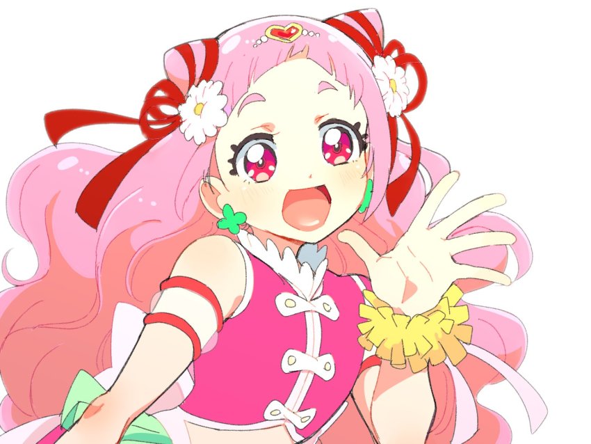 1girl :d azuma_yukihiko commentary_request cone_hair_bun cure_yell earrings eyelashes flower hair_bun hair_flower hair_ornament happy highres hugtto!_precure jewelry long_hair looking_at_viewer magical_girl nono_hana open_mouth pink_eyes pink_hair precure simple_background sketch smile solo white_background
