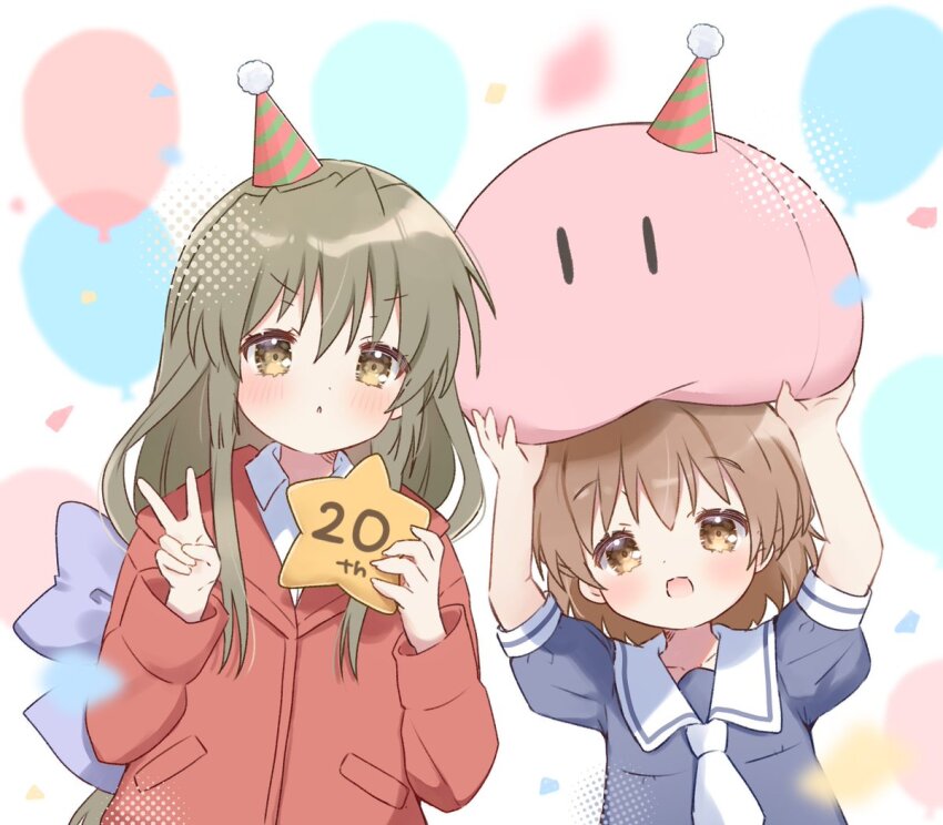 2girls :d anniversary arms_up ascot balloon blue_shirt blurry blurry_background blush bow brown_eyes brown_hair chestnut_mouth child clannad commentary confetti dango depth_of_field food green_hair hair_between_eyes hair_bow hands_up happy hat holding holding_star holding_stuffed_toy ibuki_fuuko kindergarten_uniform long_hair low-tied_long_hair multiple_girls okazaki_ushio open_mouth party_hat puffy_short_sleeves puffy_sleeves purple_bow sailor_collar sakura_aki shirt short_sleeves side-by-side simple_background smile star_(symbol) stuffed_toy tareme upper_body v v-shaped_eyebrows wagashi white_ascot white_background white_sailor_collar |_|