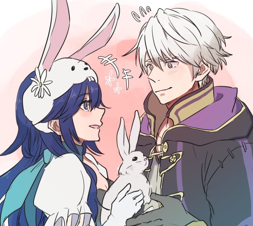 1boy 1girl animal_ears blue_eyes blue_hair couple egg fake_animal_ears fire_emblem fire_emblem_awakening fire_emblem_heroes hoshigaki_(hsa16g) leotard long_hair lucina_(fire_emblem) male_robin_(fire_emblem) nintendo playboy_bunny rabbit_ears tiara