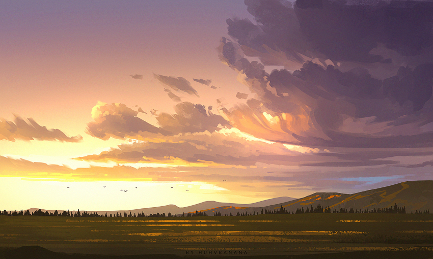 artist_name bird cloud cloudy_sky forest grass huhv. landscape mountain mountainous_horizon nature no_humans original outdoors scenery sky sunset tree
