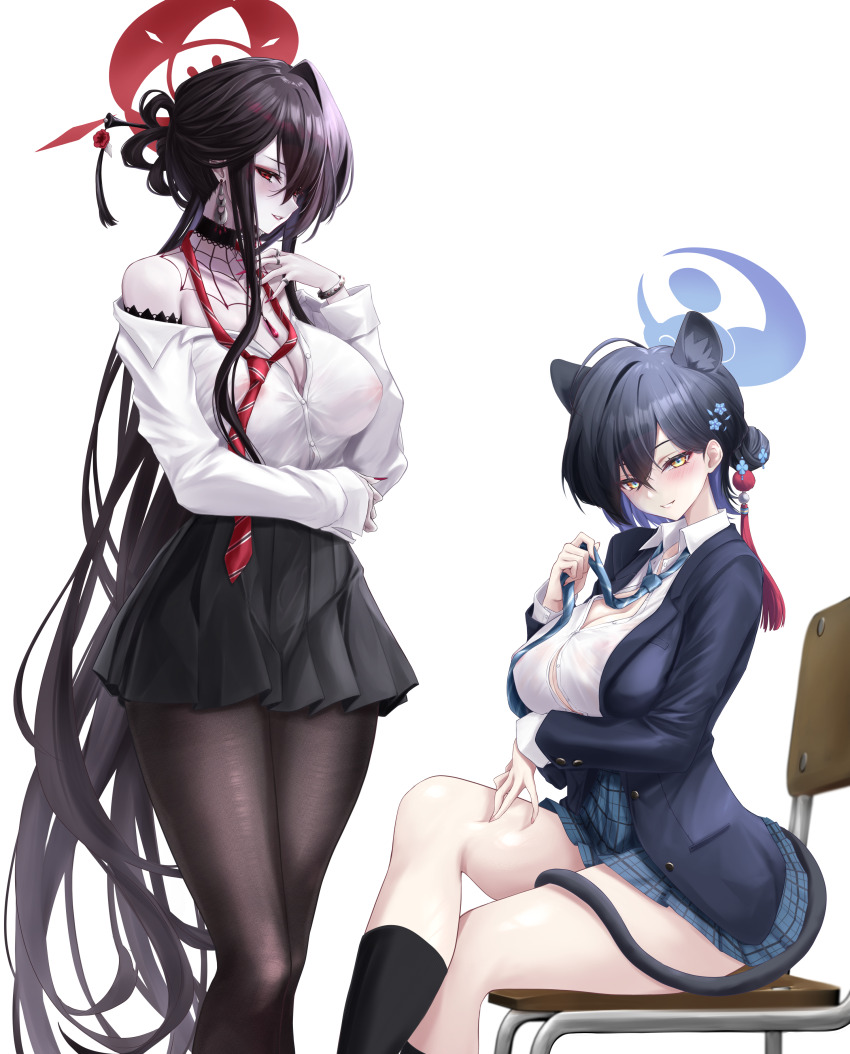 2girls absurdres alternate_costume animal_ears bare_shoulders black_hair black_pantyhose black_skirt black_socks blazer blue_archive blue_jacket blue_necktie blush breasts chair cleavage commentary_request covered_erect_nipples crossed_legs diagonal-striped_clothes diagonal-striped_necktie extra_ears feet_out_of_frame green_skirt hair_bun halo highres jacket kaguya_(blue_archive) kneehighs kokuriko_(blue_archive) large_breasts long_hair long_sleeves looking_at_viewer looking_to_the_side loose_necktie medium_hair miniskirt multiple_girls nail_polish necktie no_bra noa_(skae3323) off_shoulder on_chair pale_skin pantyhose pleated_skirt red_eyes red_halo red_necktie school_uniform shirt simple_background single_hair_intake single_side_bun sitting skirt smile socks spider_web_print standing striped_clothes tail thighs very_long_hair white_background white_shirt