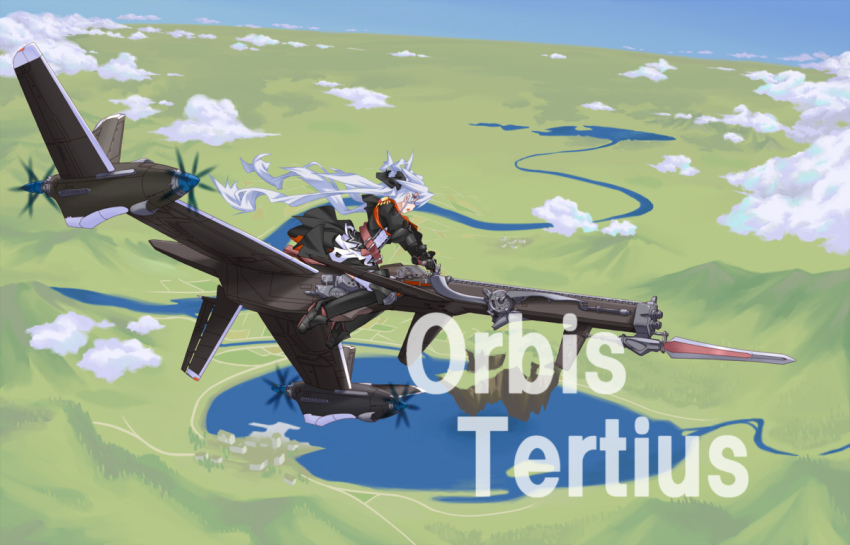 1girl cloud female_focus field flying from_behind grass lake machinery mof mof&#039;s_silver_haired_twintailed_girl original river scenery silver_hair solo water