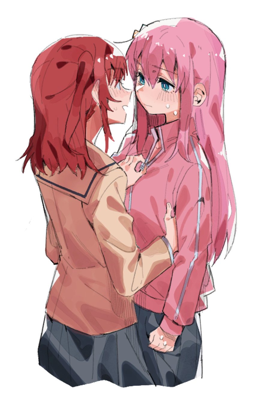 2girls blue_eyes blue_skirt bocchi_the_rock! brown_jacket commentary cropped_legs gotoh_hitori highres jacket kita_ikuyo long_hair looking_at_another multiple_girls nervous pink_hair pink_jacket red_hair school_uniform shuka_high_school_uniform skirt sweatdrop takao_(88499191) undressing_another unzipping yuri