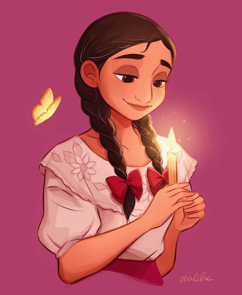 1girl aged_down alma_madrigal bow braid brown_eyes brown_hair bug butterfly candle dark-skinned_female dark_skin encanto hair_bow highres holding holding_candle insect long_hair looking_at_object melchencanto pink_background red_bow shirt short_sleeves signature simple_background smile solo twin_braids upper_body white_shirt yellow_butterfly