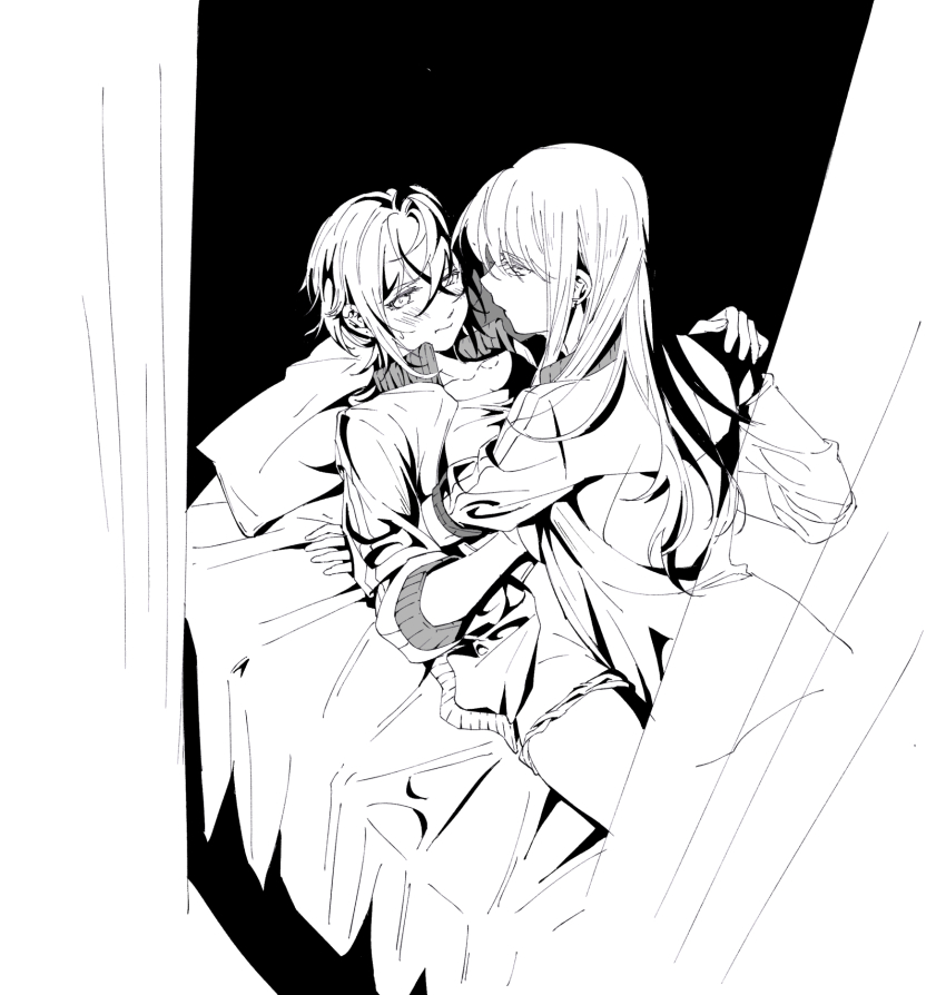 2girls asahina_yuni between_legs blush chinese_commentary closed_mouth clothes_pull commentary_request curtains dark_foreground embarrassed from_above from_outside greyscale hand_on_another&#039;s_shoulder haoxiangkan_nutong highres indoors jacket kyou_wa_kanojo_ga_inai_kara legs_out_of_frame long_hair lying_on_person monochrome multiple_girls on_bed open_clothes open_jacket open_mouth pantyhose pantyhose_pull pillow shadow short_hair shorts taki_fuuko track_jacket yuri