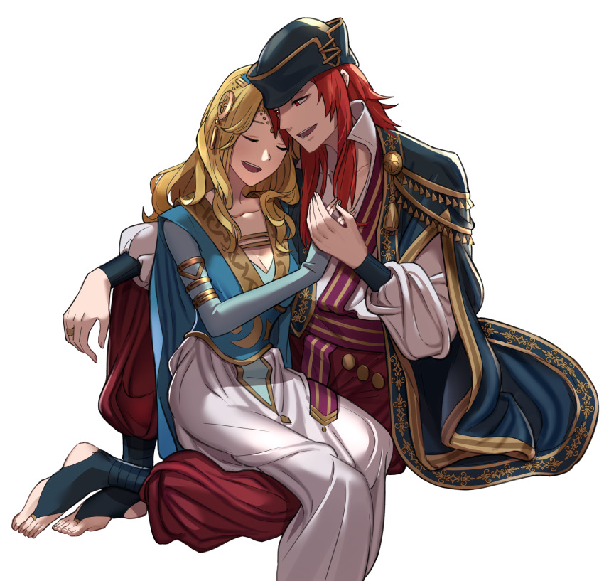 1boy 1girl absurdres arm_around_back blonde_hair blue_dress breasts cleavage closed_eyes couple dress ebinku fire_emblem fire_emblem:_the_sacred_stones hetero highres holding_hands jewelry joshua_(fire_emblem) long_hair medium_breasts natasha_(fire_emblem) nintendo red_hair ring sitting sitting_on_lap sitting_on_person wedding_ring