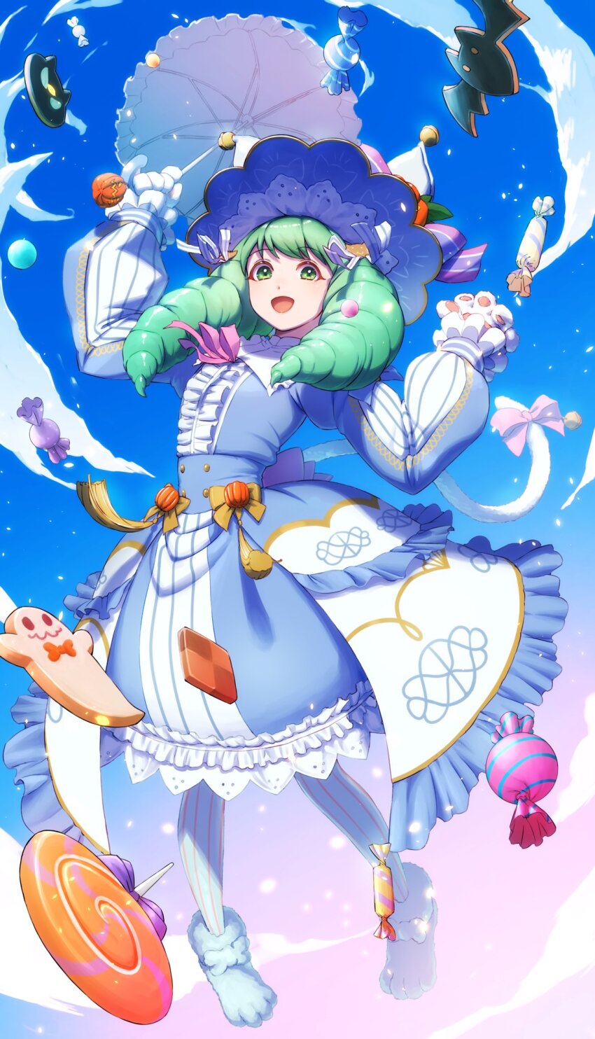 1girl aduti_momoyama candy cat_paw dress drill_hair fire_emblem fire_emblem:_three_houses fire_emblem_heroes flayn_(fire_emblem) flayn_(halloween)_(fire_emblem) food frilled_dress frills from_below green_eyes green_hair halloween halloween_costume highres light_blue_dress lollipop looking_at_viewer midair nintendo official_alternate_costume open_mouth parasol puffy_sleeves smile solo striped_leggings twin_drills umbrella vertical-striped_leggings