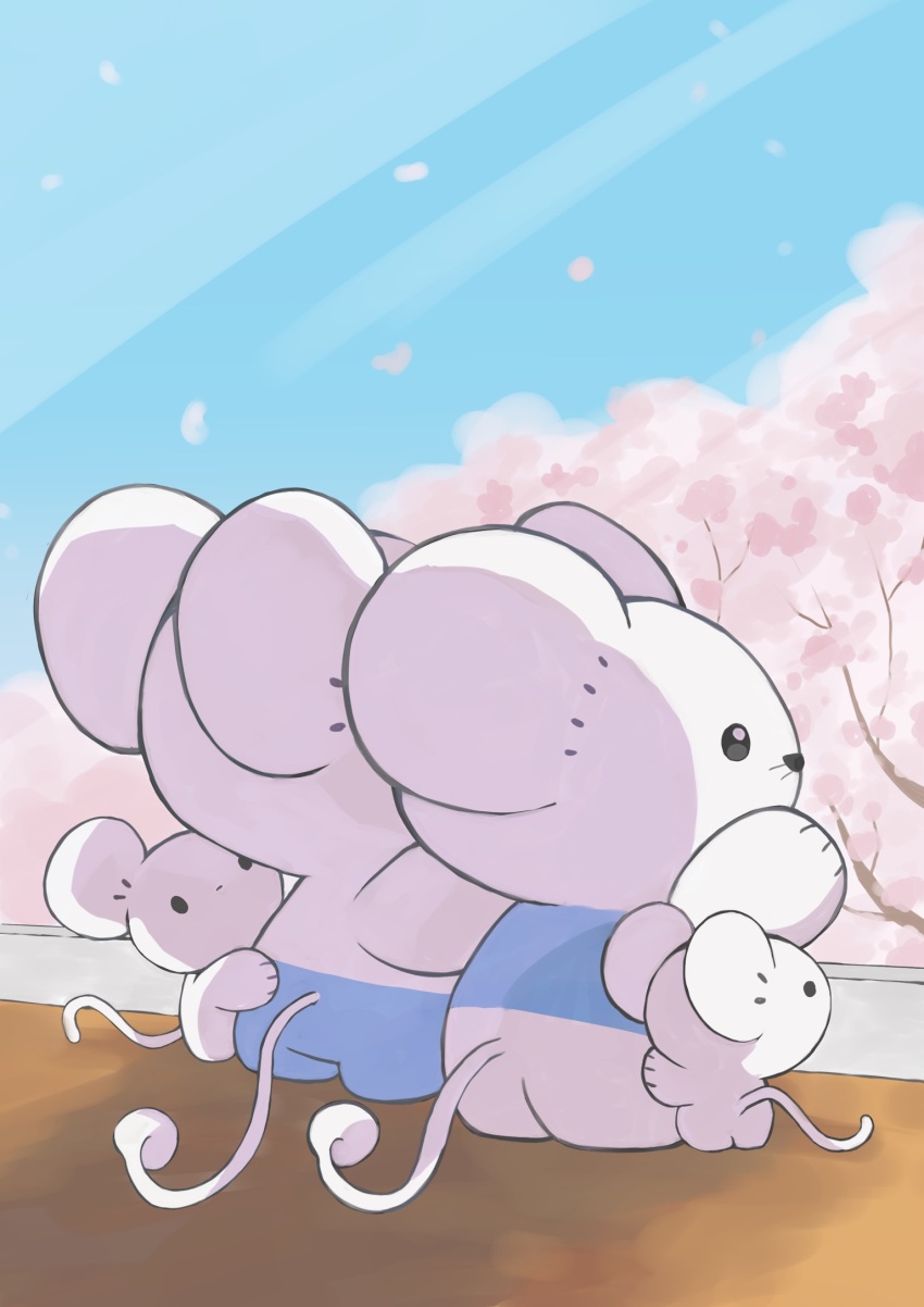animal_focus black_eyes commentary_request falling_petals hand_up highres katiwari7293 maushold maushold_(family_of_four) nintendo no_humans petals pokemon pokemon_(creature) sky solid_oval_eyes standing tree