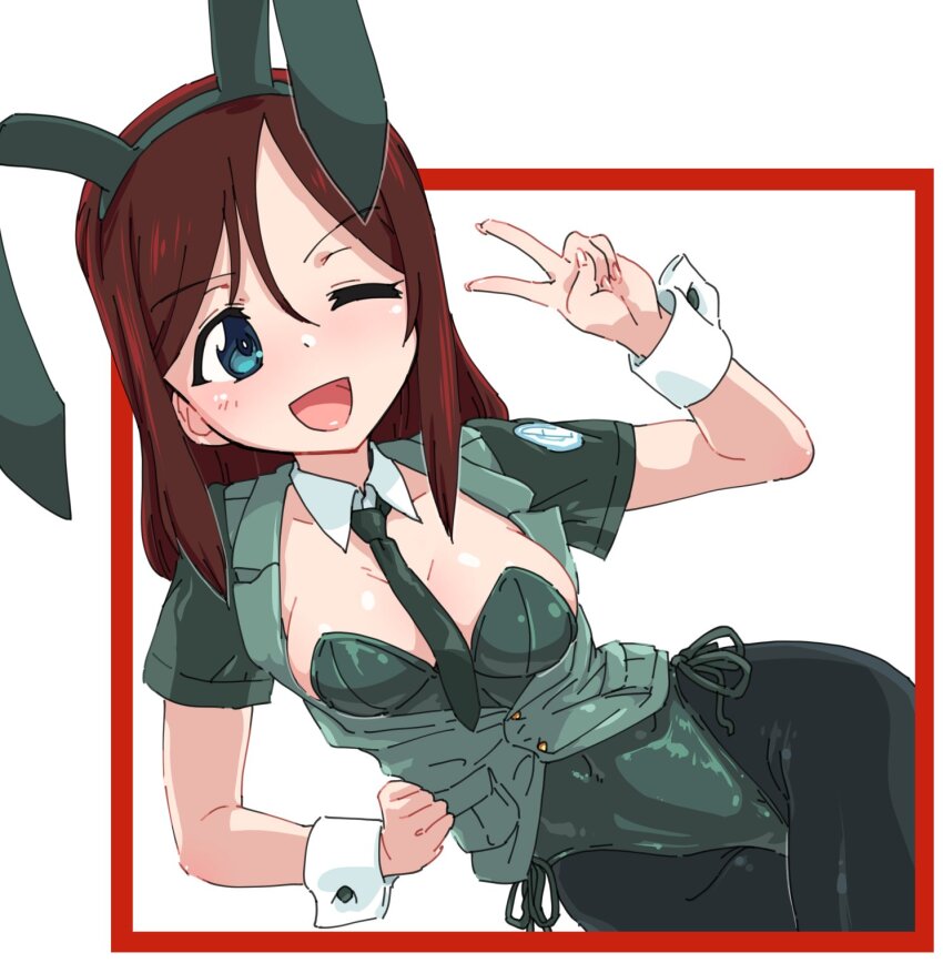 1girl animal_ears black_pantyhose blue_eyes blush breasts brown_hair covered_navel fake_animal_ears girls_und_panzer green_leotard green_necktie highres large_breasts leotard long_hair megumi_(girls_und_panzer) military_uniform monolith_(suibou_souko) necktie one_eye_closed open_mouth pantyhose playboy_bunny rabbit_ears selection_university_military_uniform simple_background smile solo v white_background