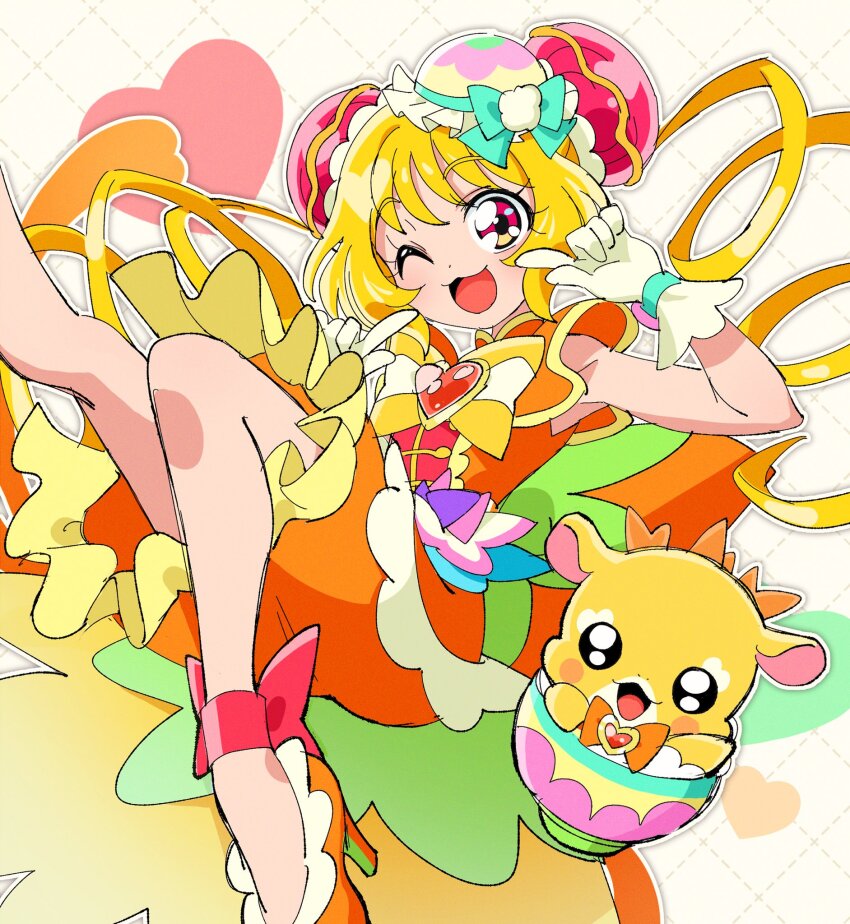 1girl ;3 ;d ankle_bow ankle_ribbon anklet argyle_background blonde_hair bow commentary cure_yum-yum delicious_party_precure dot_nose dress fingersmile frilled_dress frilled_footwear frilled_gloves frills gloves hanamichi_ran hands_up happy heart high_heels highres jewelry knee_up leg_ribbon leg_up magical_girl mandarin_collar mem-mem_(precure) mochi_eoh one_eye_closed open_mouth orange_dress orange_shoes outline pointing precure pumps raised_eyebrows red_bow ribbon shoes sleeveless sleeveless_dress smile solo symbol-only_commentary white_gloves white_outline