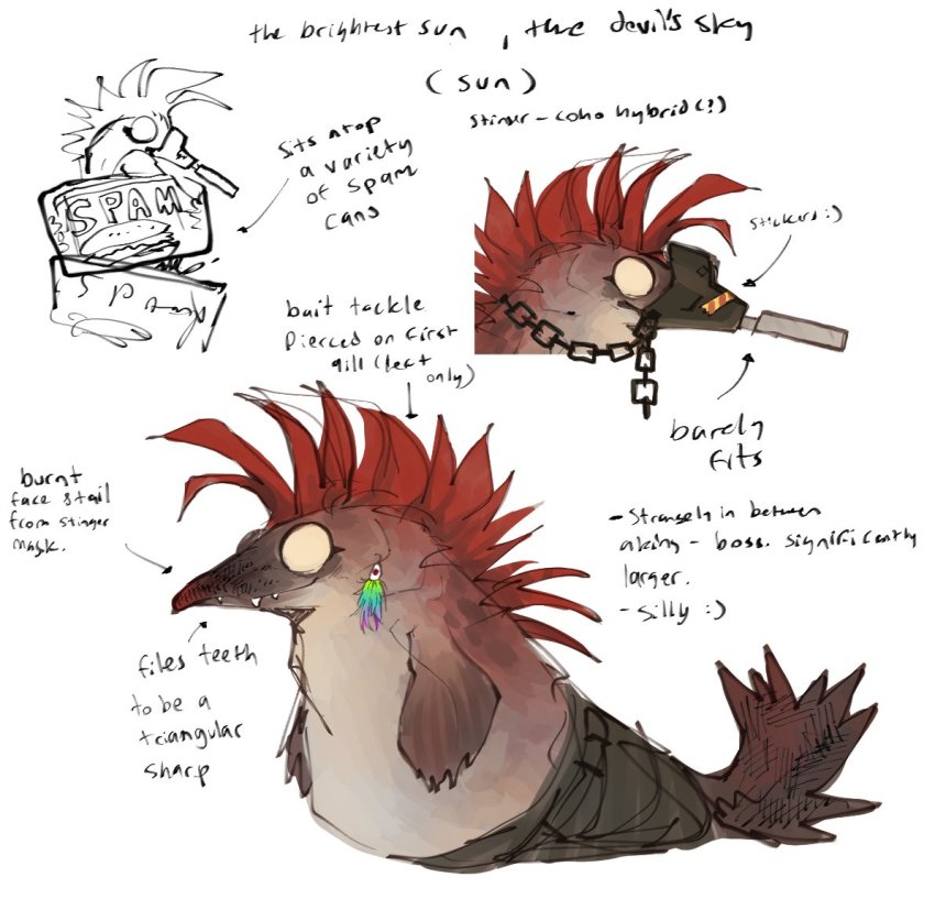 animal animal_focus blank_eyes can chain closed_mouth clothed_animal cohozuna_(splatoon) english_text fish_hook from_side fusion gao_(kohozuna) grey_pants mask mohawk mouth_mask multiple_views nintendo no_humans pants profile red_hair salmon_run_(splatoon) sharp_teeth short_hair simple_background sketch splatoon_(series) stinger_(splatoon) teeth white_background yellow_eyes