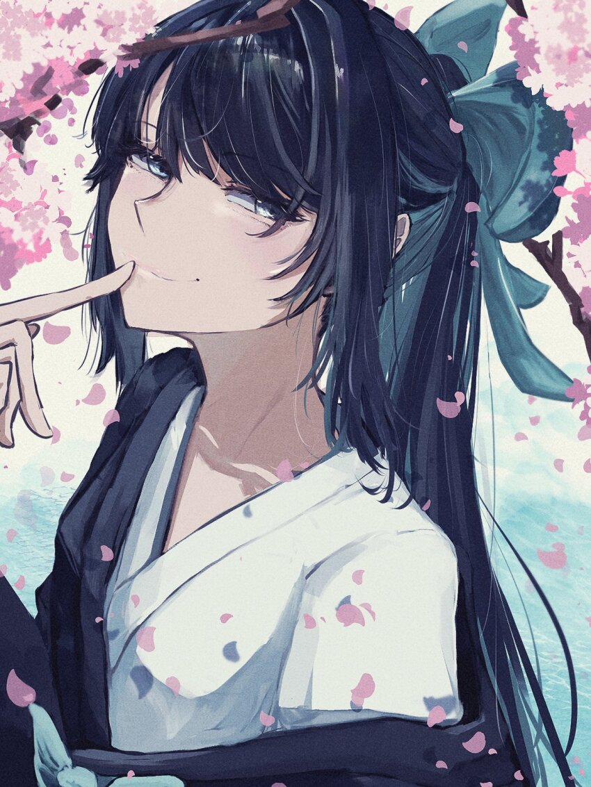 1girl ado_(utaite) black_hair blue_eyes blue_hair breasts chando_(ado) cherry_blossoms cleavage closed_mouth colored_inner_hair commentary_request falling_petals highres long_hair mole mole_under_eye multicolored_hair off_shoulder petals ponytail single_off_shoulder smile solo tanake_(tanakei_ado) upper_body