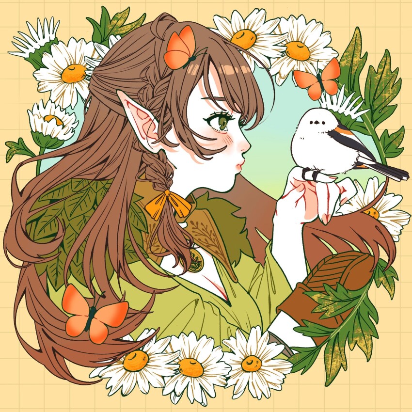 1girl animal animal_on_hand bird bird_on_hand blush braid breasts brown_hair bug butterfly chrysanthemum cleavage closed_mouth eyelashes fingernails flower green_eyes highres insect leaf lips long_hair looking_at_animal mtirn3373 orange_butterfly original pointy_ears profile solo square upper_body white_flower