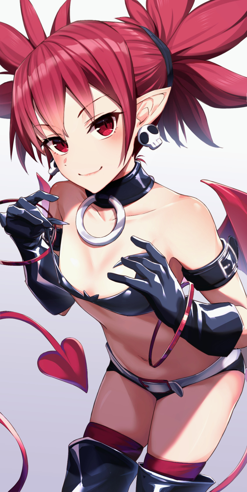 1girl absurdres arm_strap bare_shoulders belt black_bra black_choker black_gloves black_shorts blush boots bra bra_pull breasts choker closed_mouth clothes_pull collarbone commentary_request cowboy_shot demon_girl demon_tail demon_wings disgaea earrings etna_(disgaea) gloves grey_background hair_between_eyes hands_up highres jewelry leaning_forward lips long_hair looking_at_viewer makai_senki_disgaea marutenmaruten navel o-ring o-ring_choker partial_commentary pointy_ears pulling_own_clothes red_eyes red_hair red_tail red_thighhighs red_wings revealing_clothes short_shorts shorts simple_background skull_earrings slit_pupils small_breasts smile solo spiked_hair standing strapless strapless_bra tail thigh_boots thighhighs thighs twintails underwear white_belt wings