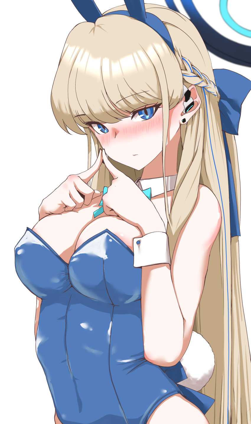 1girl absurdres animal_ears aqua_bow aqua_bowtie blonde_hair blue_archive blue_eyes blue_hair blue_hairband blue_halo blue_leotard blush bow bowtie braid commentary detached_collar earpiece fake_animal_ears hairband half_up_braid halo highleg highleg_leotard highres index_fingers_together leotard looking_at_viewer multicolored_hair official_alternate_costume p.i.t.d playboy_bunny rabbit_ears strapless strapless_leotard streaked_hair toki_(blue_archive) toki_(bunny)_(blue_archive) upper_body white_background white_wrist_cuffs wrist_cuffs