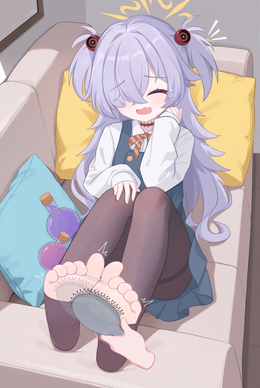 1girl ^^^ ^_^ absurdres afterimage artist_name barefoot black_pantyhose blue_archive blush bound bound_toes brown_ribbon chinese_commentary closed_eyes collared_shirt commentary_request convenient_leg couch crossed_bangs disembodied_hand dress dutch_angle eugenecolin eyeball_hair_ornament eyelashes facing_viewer feet flask foot_focus full_body furrowed_brow grey_hair hair_brush hair_intakes hair_over_one_eye halo hand_on_own_knee hands_up highres holding holding_hair_brush kanoe_(blue_archive) knees_up laughing long_bangs long_hair motion_lines neck_ribbon notice_lines on_couch one_eye_covered open_mouth orange_halo paid_reward_available pantyhose pillow pinafore_dress ribbon round-bottom_flask saliva school_uniform shirt sitting sleeveless sleeveless_dress sleeves_past_wrists soles solo tearing_up thighband_pantyhose tickling tickling_feet toeless_legwear toes two_side_up variant_set very_long_hair wavy_mouth white_shirt