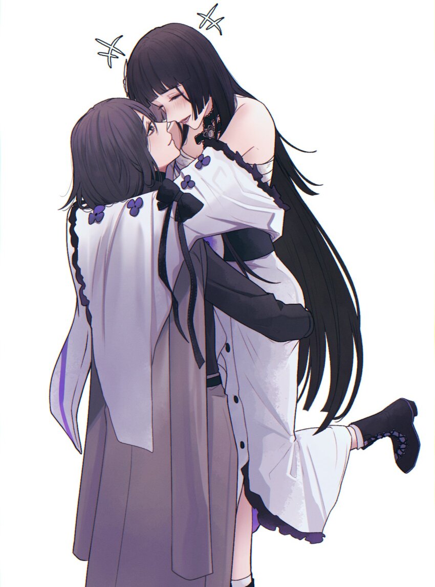 2girls angon623 arms_around_neck bare_shoulders black_footwear black_hair black_shirt blush boots carrying carrying_person chest_sarashi chief_(path_to_nowhere) coat coat_on_shoulders face-to-face female_chief_(path_to_nowhere) grey_coat grey_pants hashtag-only_commentary highres hime_cut japanese_clothes kimono laughing long_hair multiple_girls off_shoulder open_mouth pants path_to_nowhere ribbon-trimmed_kimono ribbon_trim sarashi shirt simple_background sumire_(path_to_nowhere) very_long_hair white_background white_kimono wide_sleeves