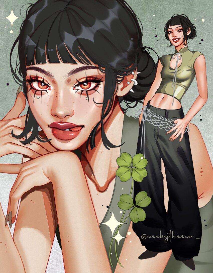 1girl aegyo_sal asian baggy_pants black_hair black_pants brown_eyeliner brown_eyes brown_nails cleavage_cutout clothing_cutout clover collarbone crop_top double_bun eyeliner fingernails four-leaf_clover four-pointed_star gradient_background green_background green_shirt green_tank_top hair_bun hands_in_pockets head_on_hand high_heels highres kpop_demon_hunters licking_lips long_eyelashes long_fingernails looking_at_viewer makeup mandarin_collar midriff mole mole_on_arm mole_on_collarbone mole_on_neck mole_on_nose mole_under_each_eye mole_under_eye multiple_moles multiple_views navel pants portrait ribbon shirt shirt_ribbon short_bangs sleeveless sleeveless_shirt smile spiked_ear_piercing standing tank_top teeth thick_eyebrows thick_lips tight_clothes tight_shirt tongue tongue_out twitter_username two-tone_background very_low_bun white_background white_ribbon zeebythesea zoey_(kpop_demon_hunters)