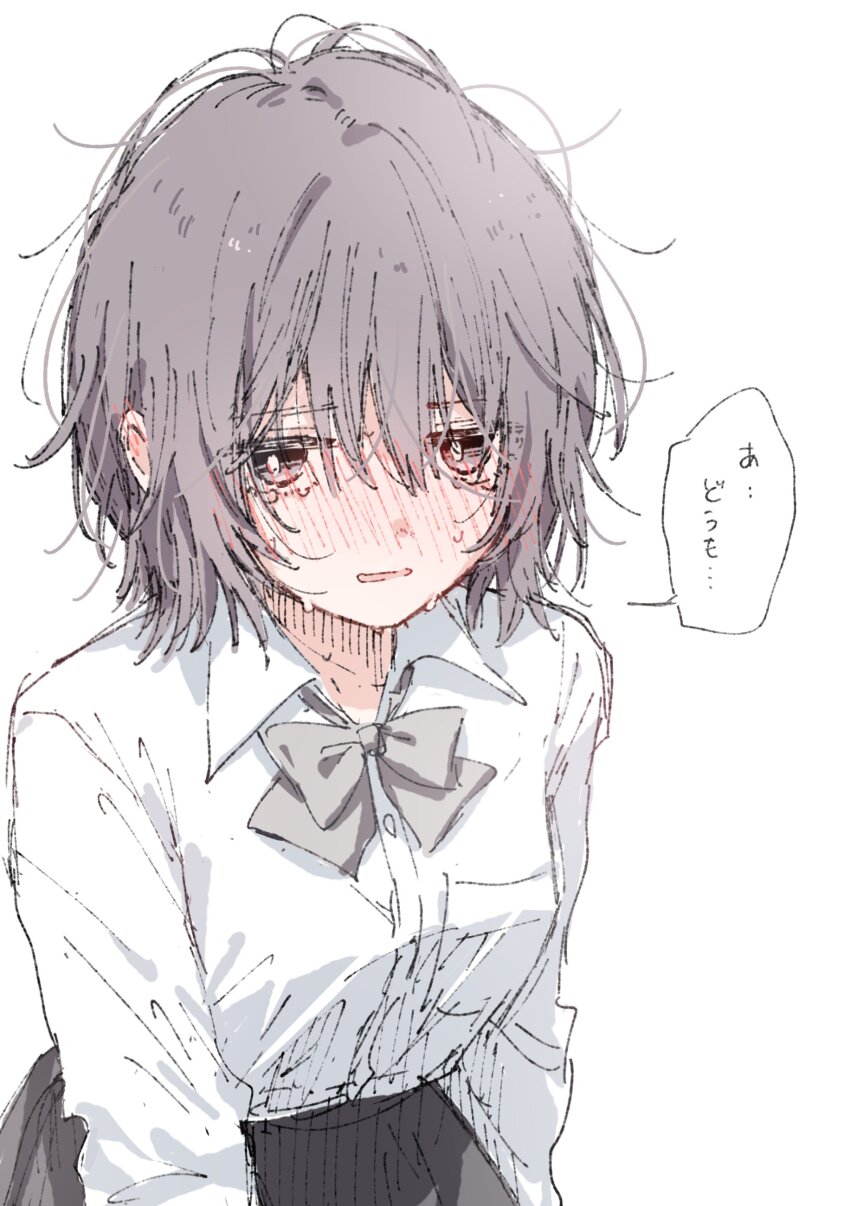1girl absurdres highres japanese_text matsuda_hikari original school_uniform shirt solo speech_bubble tearing_up white_background white_shirt
