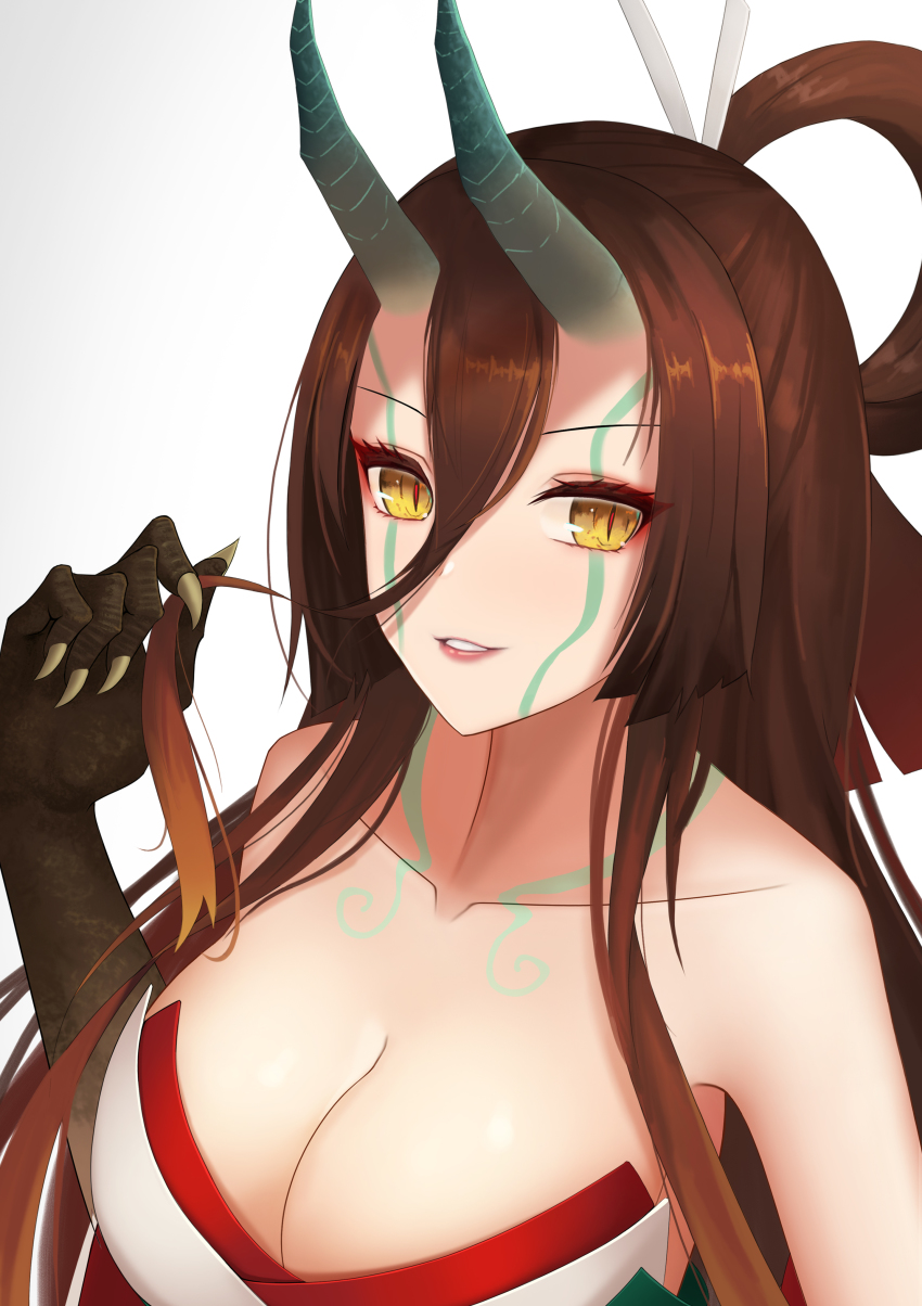 1girl abeen_jhong absurdres adjusting_hair bare_shoulders breasts brown_hair claws cleavage collarbone commentary_request facial_mark fate/grand_order fate/requiem fate_(series) female_focus hair_rings highres horns kijo_kouyou_(fate) kijo_kouyou_(third_ascension)_(fate) large_breasts lipstick long_hair looking_at_viewer makeup slit_pupils solo tattoo upper_body yellow_eyes