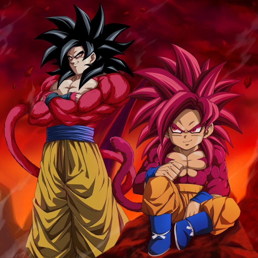 black_hair blue_sash body_fur dougi dragon_ball dragon_ball_daima dragon_ball_gt dual_persona highres in-franchise_crossover long_hair looking_at_viewer male_focus monkey_boy monkey_tail multiple_boys muscular muscular_male nemu_(rakugaki_jt) no_nipples pants pectorals red_fur red_hair saiyan sash smile son_goku spiked_hair super_saiyan super_saiyan_4 tail yellow_pants