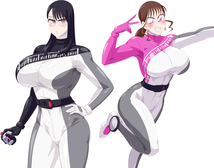 2girls absurdres bakuage_sentai_boonboomger black_hair bodysuit breasts brown_hair glasses grey_eyes highres large_breasts multiple_girls no_headwear otokamu pin_up pink_eyes saibu_shirabe shifuto_mira shirabe skinsuit solo super_sentai transparent_background