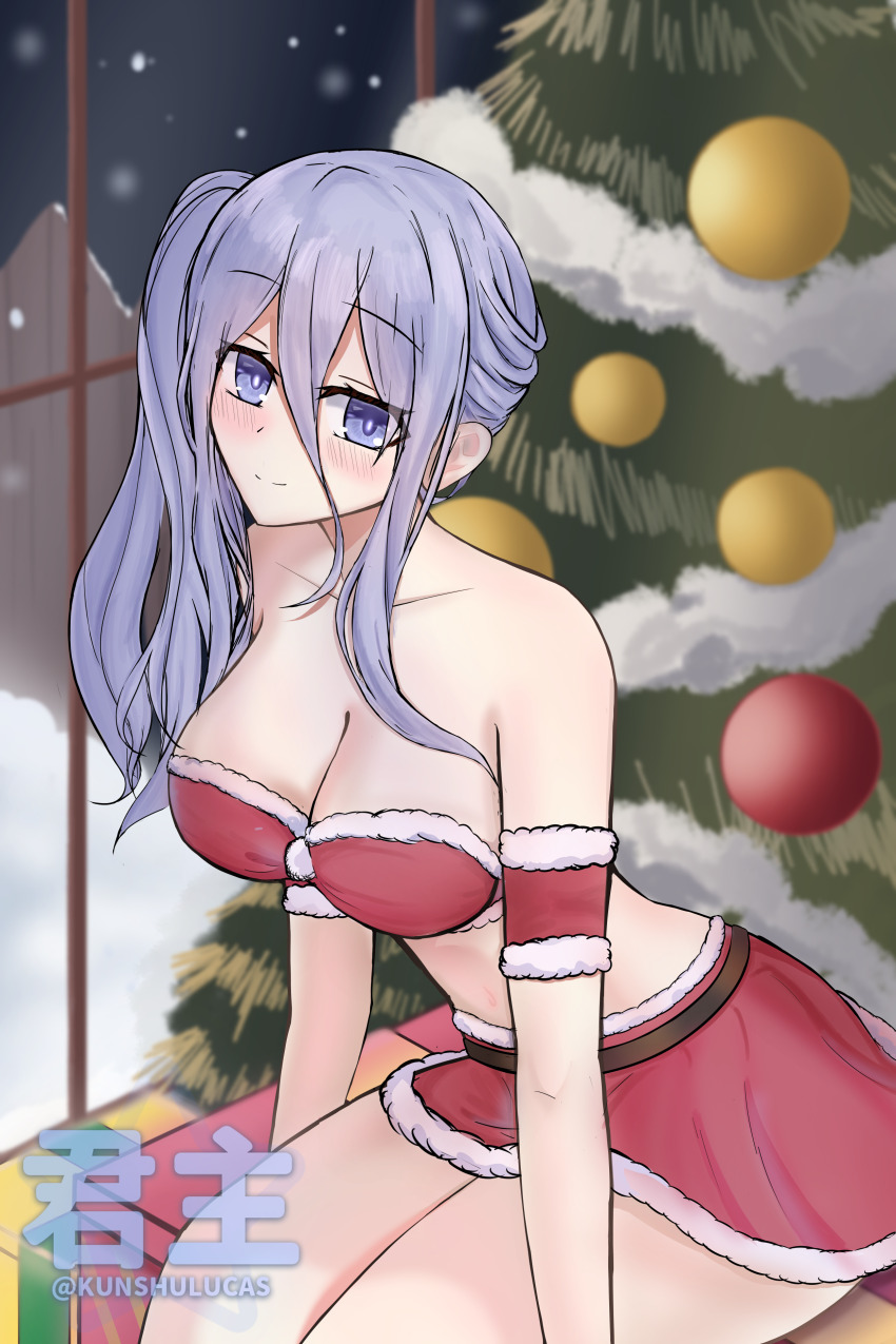 1girl absurdres blue_eyes breasts christmas christmas_tree cleavage date_a_live highres kunshulucas long_hair murasame_reine solo thighs white_hair