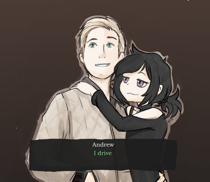 1boy 1girl :3 ashley_graves black_shirt brown_background closed_mouth clothing_cutout commentary dialogue_box drive_(movie) driver_(drive) english_commentary english_text grin hand_on_another&#039;s_shoulder height_difference highres hug kiln_firelink off-shoulder_shirt off_shoulder ponytail shirt short_hair shoulder_cutout sideways_glance simple_background smile the_coffin_of_andy_and_leyley