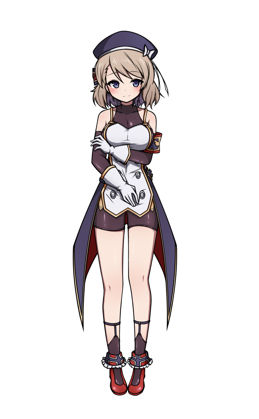1girl absurdres arm_under_breasts armband azur_lane bare_shoulders blue_hat blue_jacket blush bow breasts brown_hair brown_sleeves brown_socks cleavage closed_mouth detached_sleeves dress full_body gloves grey_eyes hair_bow hat highres jacket long_sleeves looking_at_viewer medium_breasts red_shoes rock_zinc see-through_cleavage see-through_clothes shoes simple_background smile socks solo standing striped_bow white_background white_dress white_gloves z23_(azur_lane)