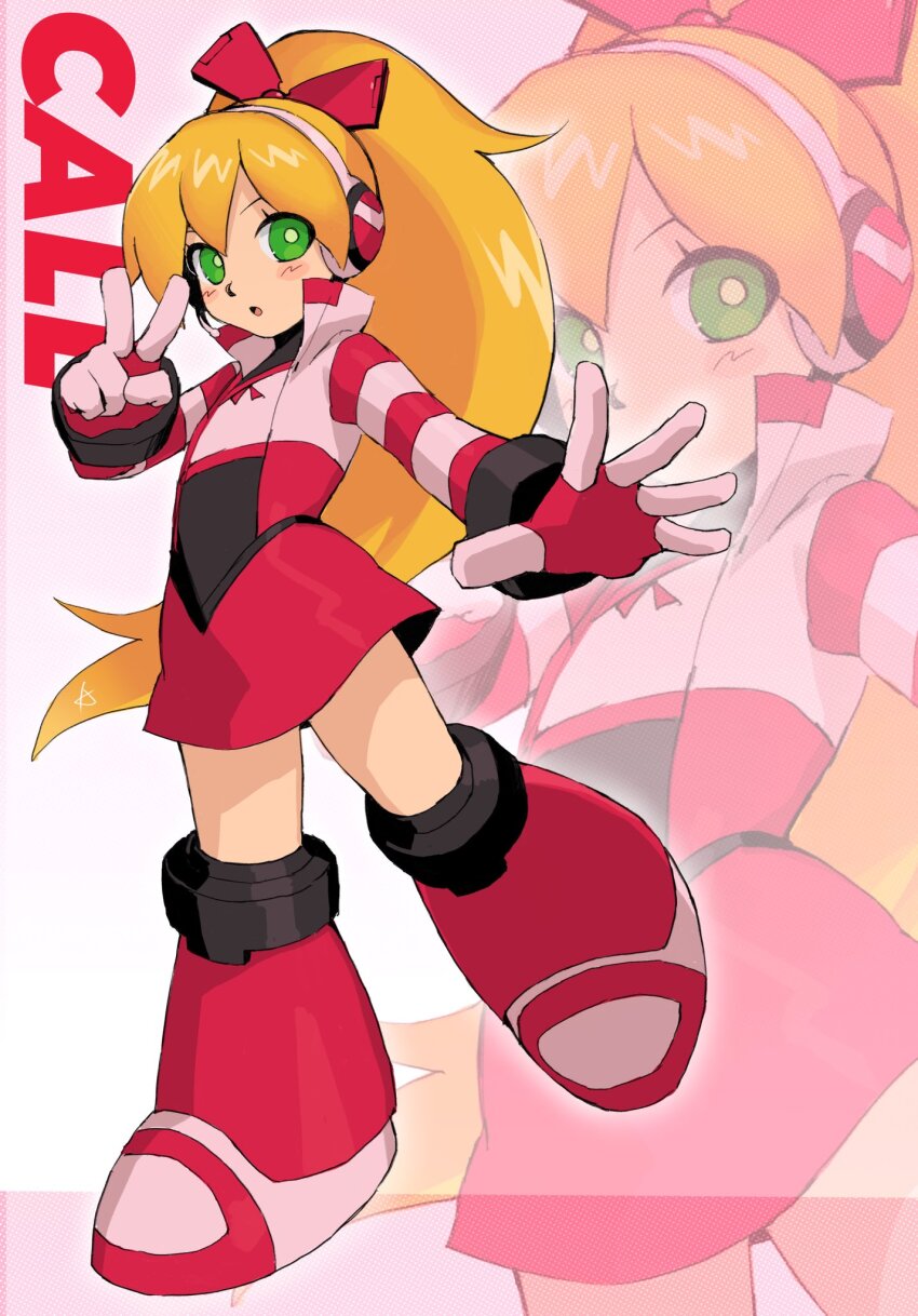 1girl blonde_hair blush call_(mighty_no._9) character_name green_eyes high_ponytail highres karen_(karenoni1031) long_hair mighty_no._9 ponytail red_skirt robot_girl skirt v zoom_layer