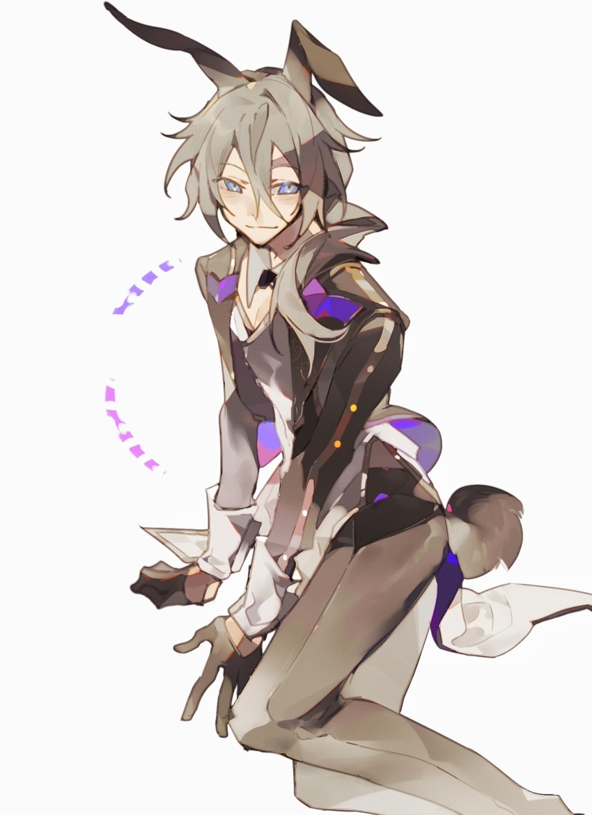1boy animal_ears black_gloves black_jacket black_pants black_shirt blue_eyes closed_mouth detached_collar ensemble_stars! gloves grey_hair hair_between_eyes half_gloves highres jacket long_hair male_focus open_clothes open_jacket pants rabbit_ears rabbit_tail shiina_niki shirt simple_background smile solo tail tie_fei_wu_mang_dashuai white_background