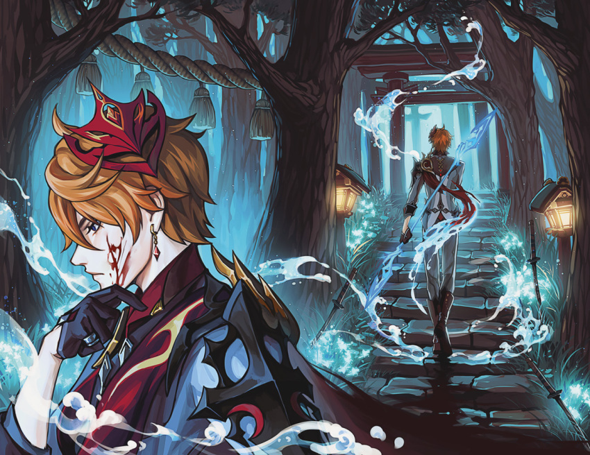 1boy ahoge black_footwear black_gloves blood blood_on_face blue_eyes boots cape closed_mouth collared_shirt commentary cuts double-sided_polearm earrings english_commentary facing_away floating_earrings flower forest from_behind frown genshin_impact gloves glowing_flower grass grey_jacket grey_pants hair_between_eyes hand_up holding holding_polearm holding_weapon hydrokinesis injury jacket jewelry katana lantern long_sleeves male_focus mask mask_on_head multiple_views nature neesawahh orange_hair outdoors pants planted planted_sword planted_weapon polearm profile red_cape red_mask red_shirt rope serious shimenawa shirt short_hair sleeves_rolled_up sword tartaglia_(genshin_impact) torii tree upper_body walking water weapon wooden_lantern