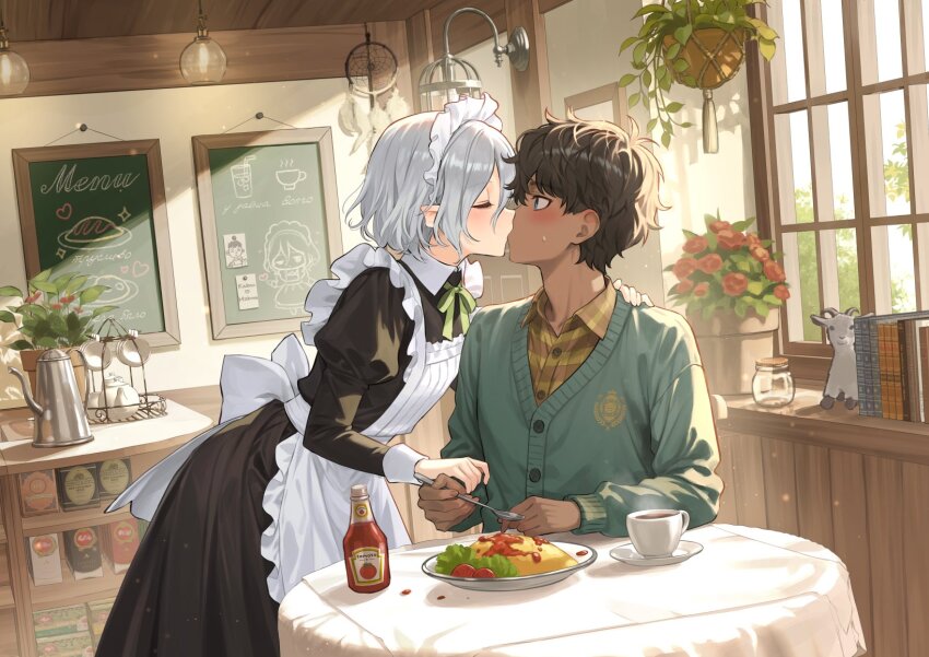 2boys androgynous apron back_bow bags_under_eyes black_dress black_hair blue_cardigan blue_eyes blush book bow bush buttons cardigan chalkboard closed_eyes collared_shirt counter crossdressing curly_hair dark-skinned_male dark_skin dish_rack dreamcatcher dress dungeon_meshi elbow_on_table elf feet_out_of_frame fingernails flower flower_pot food frilled_apron frills green_ribbon grey_hair hand_on_another&#039;s_arm hand_on_another&#039;s_shoulder hanging_light hanging_plant heart highres holding holding_spoon indoors jar juliet_sleeves kabru ketchup kiss leaning_forward light_particles long_sleeves looking_at_another looking_to_the_side maid_apron maid_headdress male_focus mayomayoland menu_board mithrun multicolored_shirt multiple_boys neck_ribbon notched_ear plaid_clothes plaid_shirt plant plate pointy_ears potted_plant profile puffy_sleeves red_flower ribbon round_table shirt short_hair sidelighting sitting spoon standing star_(symbol) steaming_cup sunlight surprise_kiss surprised sweatdrop table tablecloth tassel tea teapot v-neck white_apron window wing_collar yaoi