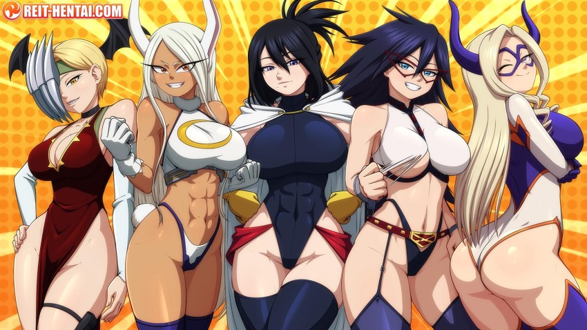 5girls abs animal_ears artist_name black_hair blonde_hair blue_eyes boku_no_hero_academia breasts cameltoe dark-skinned_female dark_skin domino_mask eye_mask female_focus large_breasts long_hair looking_at_viewer mask midnight_(boku_no_hero_academia) mirko mount_lady multiple_girls muscular muscular_female patreon_logo patreon_username rabbit_ears red_eyes reit ryuukyuu shimura_nana short_hair smile spiked_hair thighs watermark web_address