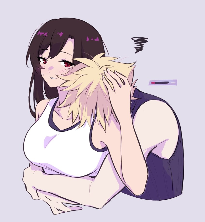 1boy 1girl bare_shoulders black_hair blonde_hair blush breasts cloud_strife collarbone couple crop_top final_fantasy final_fantasy_vii final_fantasy_vii_remake head_on_another&#039;s_shoulder highres large_breasts long_hair mao_(expuella) medium_breasts red_eyes resting sleeveless sleeveless_turtleneck spiked_hair square_enix tank_top tifa_lockhart tired turtleneck upper_body white_tank_top