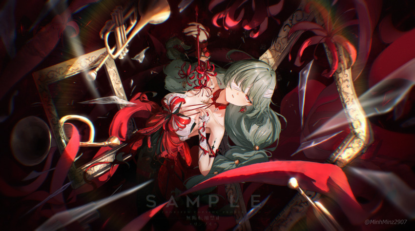 1girl bandage_over_one_eye bandaged_arm bandages black_skirt braid breasts chromatic_aberration commentary detached_sleeves dress earrings english_commentary flower from_above glass_shards grey_hair highres holding holding_flower instrument jewelry low_twin_braids medium_breasts minz_(minh_nguyen) phrolova_(wuthering_waves) picture_frame red_dress red_eyes sample_watermark single_detached_sleeve skirt solo spider_lily twin_braids twintails twitter_username watermark wuthering_waves