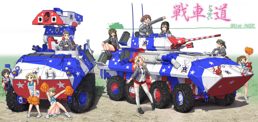 10s 6+girls akiyama_yukari alisa_(girls_und_panzer) american_flag amphibious_vehicle armored_personnel_carrier armored_reconnaissance armored_vehicle autocannon blonde_hair blue_eyes brown_hair camcorder cannon chain_gun cheerleader flag_print girls_und_panzer hase_yu highres kay_(girls_und_panzer) lav-25 lav-at long_hair m242_bushmaster military military_vehicle missile_launcher motor_vehicle multiple_girls naomi_(girls_und_panzer) open_mouth pom_pom_(cheerleading) reconnaissance_vehicle remote_controlled_weapon_station scout_car short_hair sitting skirt sleeves_rolled_up tank thighhighs turret vehicle video_camera weapon