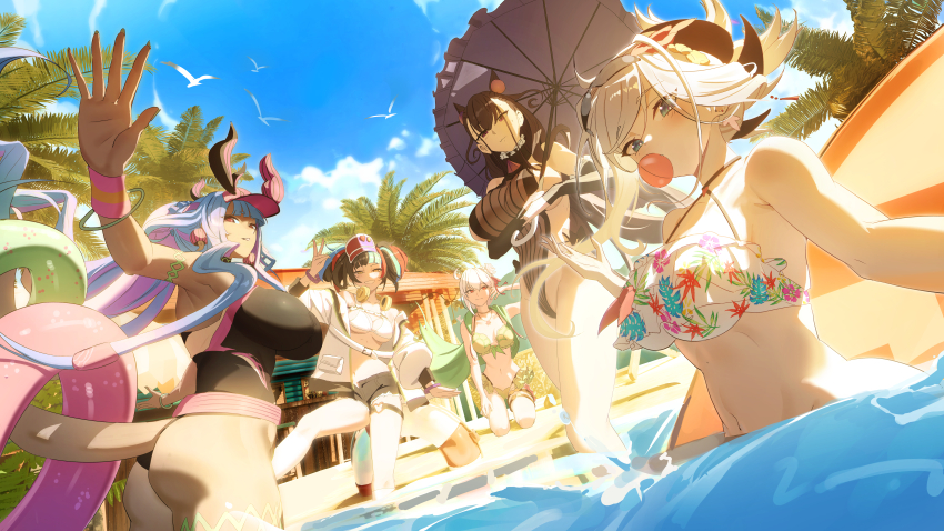 5girls absurdres armlet ass bare_shoulders beach belt bikini bird black_hair black_one-piece_swimsuit black_shorts blowing_bubbles blue_eyes blue_hair blue_sky blush body_markings bracelet braid braided_ponytail breasts brown_hair chewing_gum cleavage collarbone colored_skin cone_hair_bun detached_sleeves earrings fate/grand_order fate_(series) floral_print flower frills gem gloves green_bikini green_hat green_vest grey_skin grin hair_bun hair_flower hair_ornament hair_ribbon hat headphones headphones_around_neck highleg highleg_one-piece_swimsuit highres hood hooded_vest hoodie horns ibuki_douji_(fate) ibuki_douji_(swimsuit_berserker)_(fate) ibuki_douji_(swimsuit_berserker)_(first_ascension)_(fate) innertube jacket jewelry kama_(fate) kama_(swimsuit_avenger)_(fate) kama_(swimsuit_avenger)_(second_ascension)_(fate) large_breasts long_hair long_sleeves looking_at_viewer lotus miyamoto_musashi_(fate) miyamoto_musashi_(storms_and_waves)_(fate) multicolored_hair multiple_girls murasaki_shikibu_(fate) navel necklace off_shoulder one-piece_swimsuit oni open_clothes open_jacket palm_tree parasol parted_lips pendant pink_hair pink_hat pink_one-piece_swimsuit pointy_ears ponytail purple_eyes purple_gemstone red_eyes red_hair ribbed_swimsuit ribbon seagull sei_shounagon_(fate) sei_shounagon_(swimsuit_berserker)_(fate) sei_shounagon_(swimsuit_berserker)_(first_ascension)_(fate) short_shorts shorts sideboob sideless_swimsuit sidelocks sky smile swept_bangs swim_ring swimsuit tail thigh_strap thighs tree twintails two-tone_swimsuit two_side_up umbrella very_long_hair vest visor_cap water white_bikini white_gloves white_hair white_jacket yellow_eyes yuyiosang