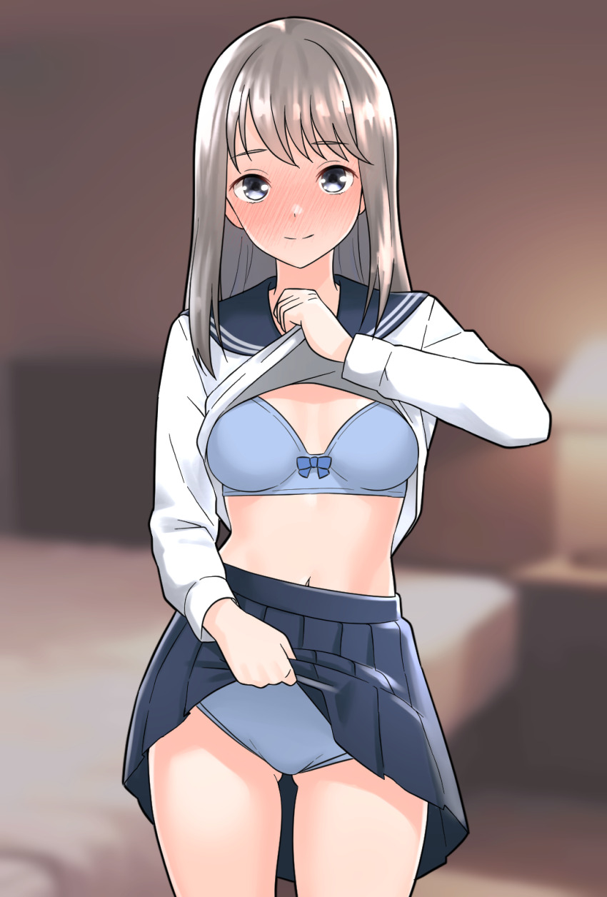 1girl bed blue_bra blue_panties blue_reflection_(series) blue_sailor_collar blue_skirt blurry blurry_background blush bow bow_bra bra breasts brown_hair character_request check_character check_copyright clothes_lift copyright_request cowboy_shot full-face_blush furaggu_(frag_0416) gluteal_fold grey_eyes highres indoors kasuga_shiho lamp lifting_own_clothes long_hair long_sleeves looking_at_viewer medium_breasts navel nightstand panties photo_background pleated_skirt sailor_collar shirt shirt_lift sidelocks skirt skirt_lift smile solo standing stomach thighs underwear white_shirt