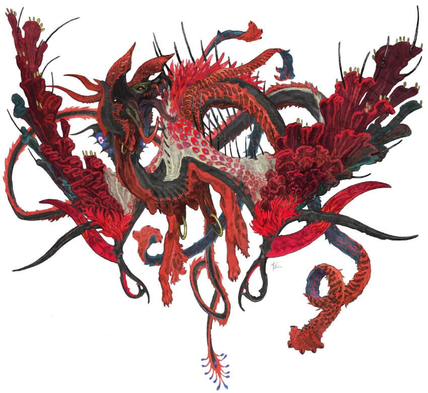 animal_focus aokarasu_punko colored_teeth commentary fins from_side highres horns looking_at_viewer mixed_horns monster multiple_horns multiple_tails no_humans open_mouth original red_horns red_teeth sharp_teeth simple_background solo spikes tail teeth tongue white_background wings yellow_eyes