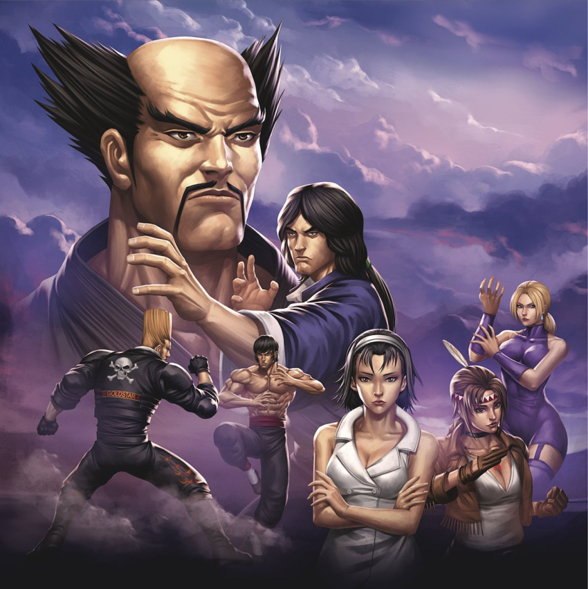 bald blue_sky cloud cloudy_sky dxsinfinite earrings highres jewelry kazama_jun lei_wulong marshall_law michelle_chang mishima_heihachi namco native_american native_american_clothes nina_williams non-web_source official_art portrait record sky tekken tekken_2 topless_male