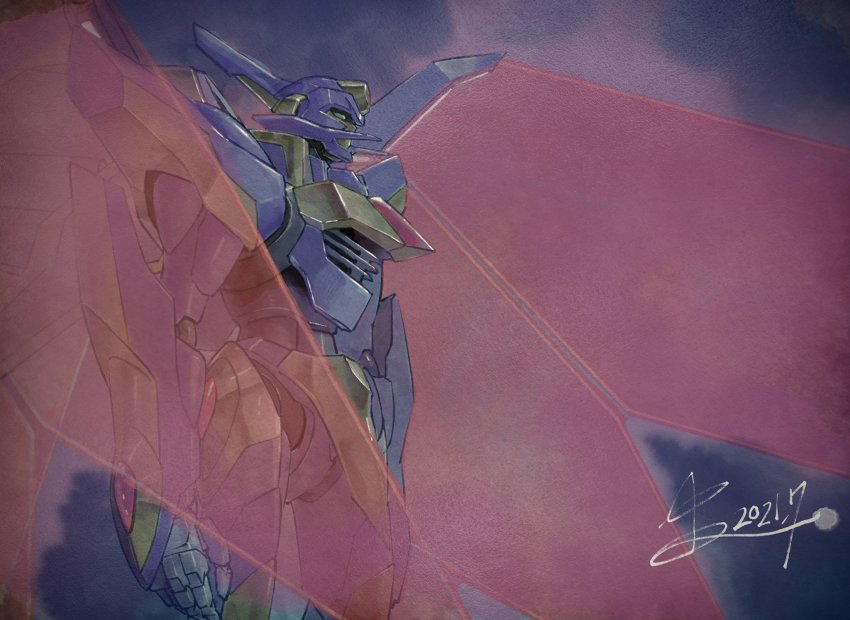 2021 code_geass code_geass:_fukkatsu_no_lelouch energy_wings faux_traditional_media flying from_side green_eyes highres knightmare_frame lancelot_(code_geass) lancelot_albion_zero looking_ahead mecha nakada_eiji night night_sky no_humans robot science_fiction signature sky solo